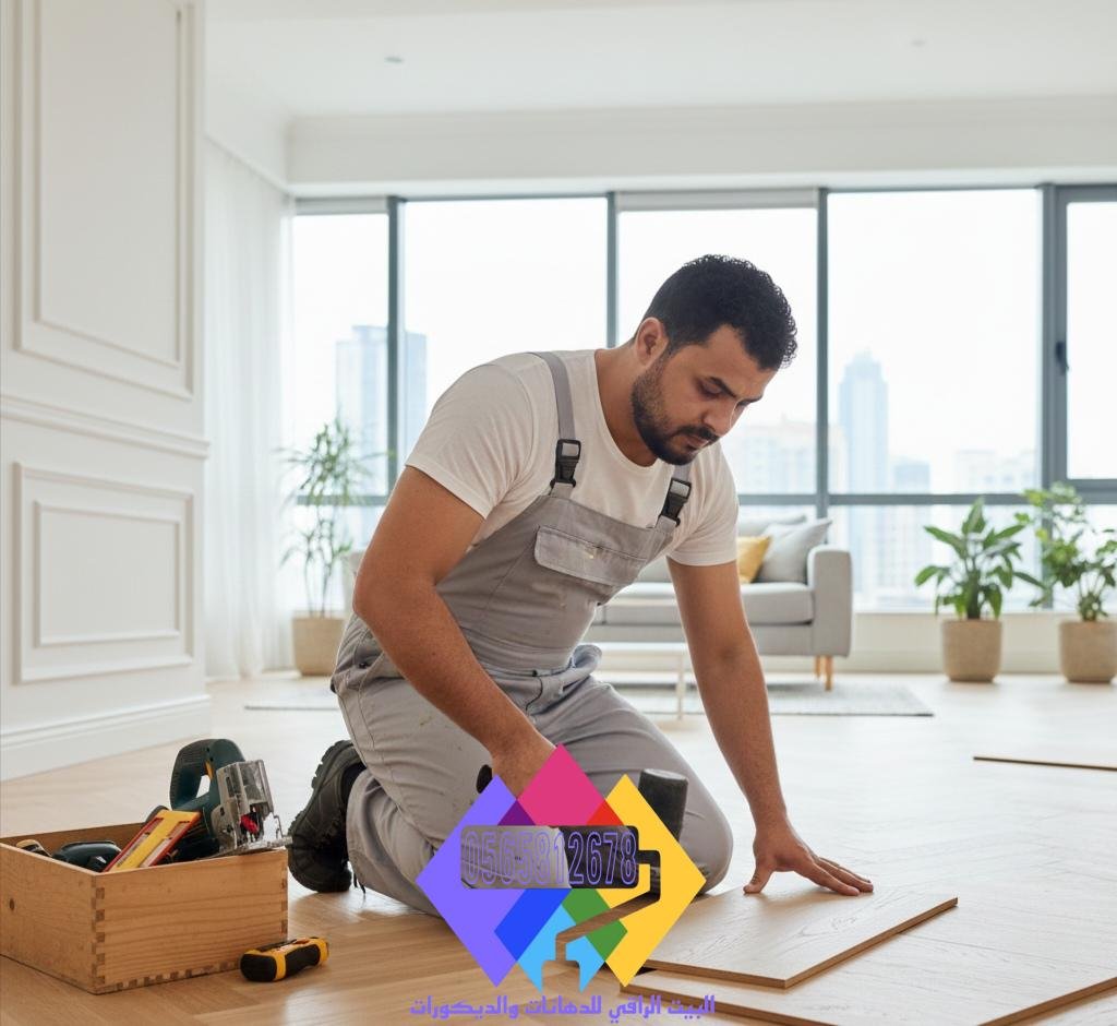 معلم باركيه في جدة أثناء عمله على تركيب الأرضيات الخشبية – البيت الراقي للديكور